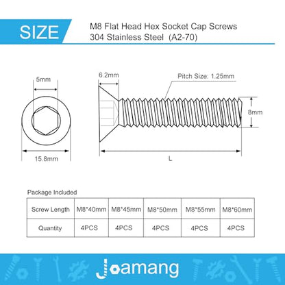 M8 x 40mm 45mm 50mm 55mm 60mm Flat Head Hex Socket Cap Screws Countersunk Bolts, Stainless Steel 304, Metric Allen Drive, Bright Finish, Fully Threaded, Assortment Kit 20PCS - size: M8x40/45/50/55/60 mm
