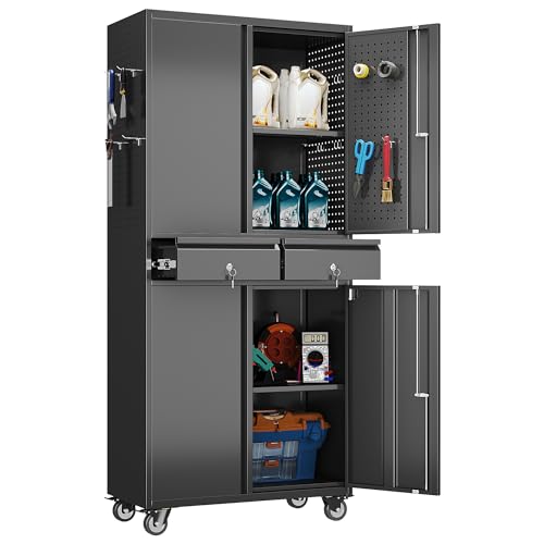 Aobabo 71" H Metal Garage Storage Cabinet Organizer with 2 Drawers - color: Black, size: 15"D x 30"W x 71"H-2 Drawers