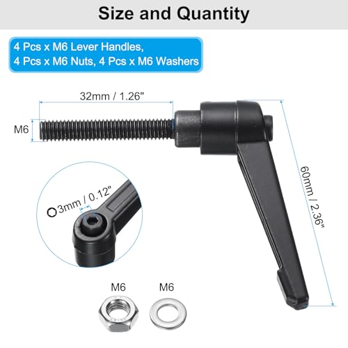 uxcell 4pcs Lever Adjustable Handles M6 x 32mm Metric Male Thread with Nuts Washers, Level Clamping Handle Set Hand Stud Knobs Rotating Screw Handles Bolts with Locking Lever, Black - size: M6 x 32mm