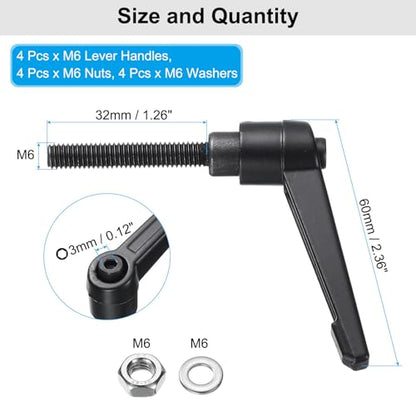 uxcell 4pcs Lever Adjustable Handles M6 x 32mm Metric Male Thread with Nuts Washers, Level Clamping Handle Set Hand Stud Knobs Rotating Screw Handles Bolts with Locking Lever, Black - size: M6 x 32mm