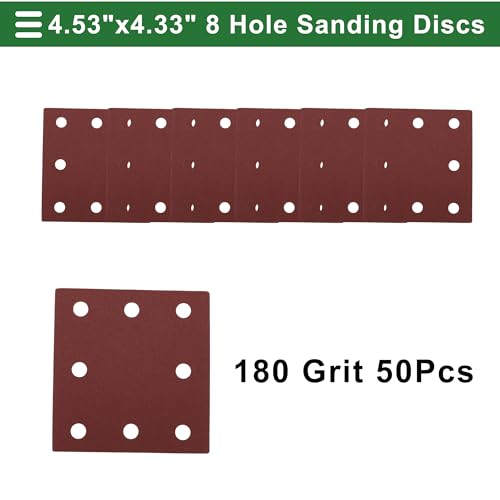 50 Pcs Rectangle Sandpaper 8 Hole 180 Grit Hook and Loop Sanding Sheets Universal for Automotive Refinishing Woodworking 115x110mm Aluminum Oxide Red - size: 180 Grit