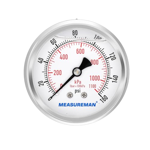 MEASUREMAN 2-1/2" Dial Size, Glycerin Filled Pressure Gauge, 0-160psi/kpa, 304 Stainless Steel Case, 1/4" NPT Center Back Mount - size: 0-160 psi, style: Back Mount
