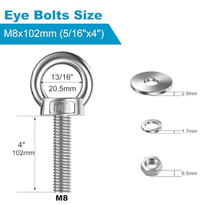 2 Pack M8 Stainless Steel Eye Bolts with Nuts and Washers, 5/16" x 4" Long Lifting Ring Eye Bolt, Heavy Duty Marine Grade 304 Eyebolts for Outdoor String Light Hanging, Tie Down Anchors - size: M8x102mm (5/16"x4")