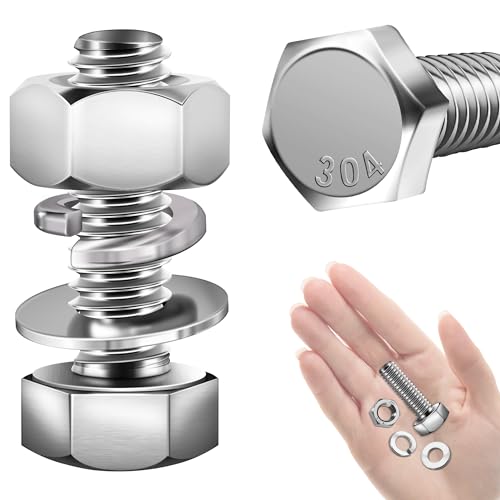 Mywish (10 Sets) 1/4-20x1 Hex Head Assorted Screws Nuts and Bolts with Flat & Lock Washers, 304 Stainless Steel 18-8, Fully Threaded, 1/4 Bolt Metric Bolt Assortment - size: 1/4-20 x 1 (10 set)