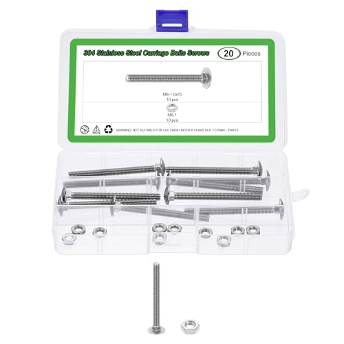 uxcell 10 Set Carriage Bolts and Nuts Kit, M6-1.0x70 Stainless Steel 304 Round Head Square Neck Carriage Bolts Screw and Hex Nuts - Silver - size: M6-1.0x70mm