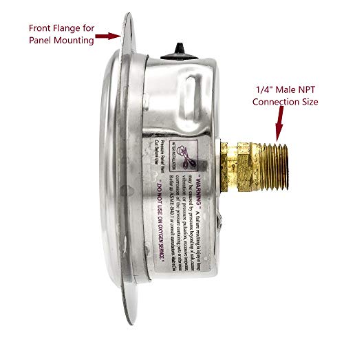 PIC Gauges PRO-204L-254G Panel Mount Front Flanged Glycerin Filled Industrial Pressure Gauge w/ SS Case, Brass Internals, Plastic Lens, 2.5" Dial, 0/200 psi Range, 1/4" Male NPT - style: 0 - 200 PSI