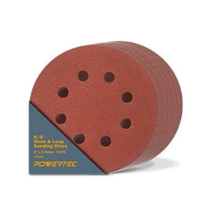 POWERTEC 50PK, 120 Grits, Sanding Discs 5 Inch - Hook and Loop, 5 Inch 8 Hole Aluminum Oxide Sandpaper Discs, Woodworking Sanding Pads for Random Orbital, Palm, Air, DA & Pneumatic Sander (45012-P2) - style: 120 Grit, 50PK