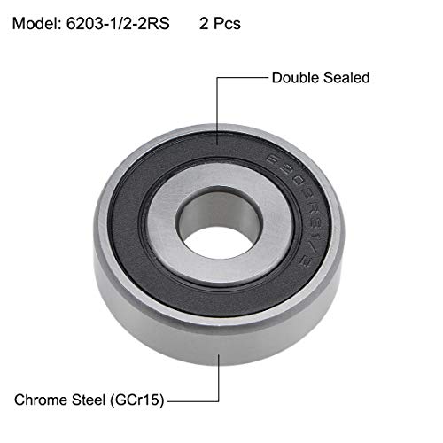uxcell 6203-1/2-2RS Deep Groove Ball Bearings 1/2-inch Inner Dia 40mm OD 12mm Bore Double Sealed Chrome Steel Z2 2pcs - size: 1/2"x40mmx12mm