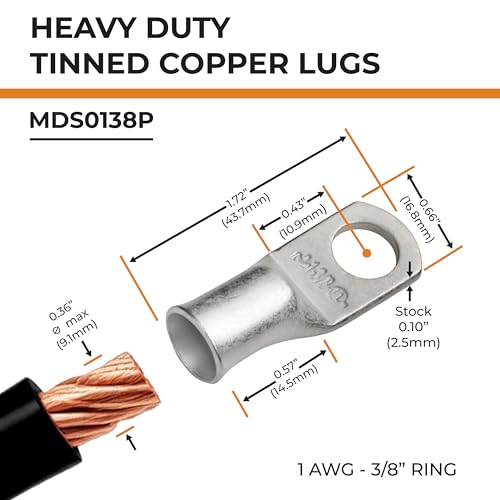 SELTERM 10pcs 1 AWG-3/8" Stud Marine Grade Tinned Copper Wire Battery Lugs - color: Tinned Copper Lugs, size: 1 Awg - 3/8" (M10) Ring