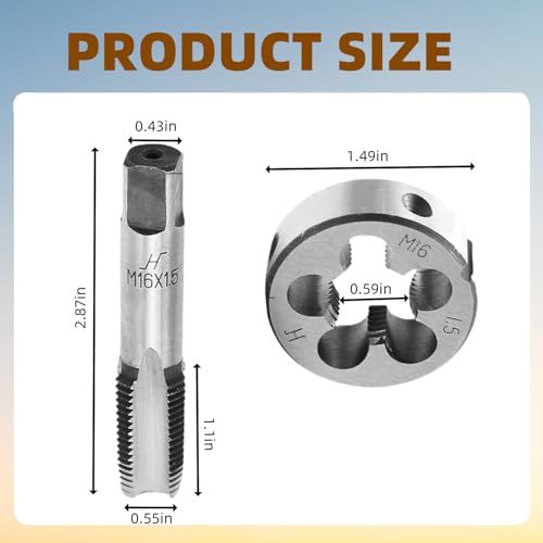 M16 x 1.5 Metric Tap and Die Set, Right Hand Thread Tool, HSS Machine Tap (2 Pcs) and Round Thread Die (1 Pc) for Carbon Steel, Alloy Steel, Cast Iron - Thread Repair and Maintenance