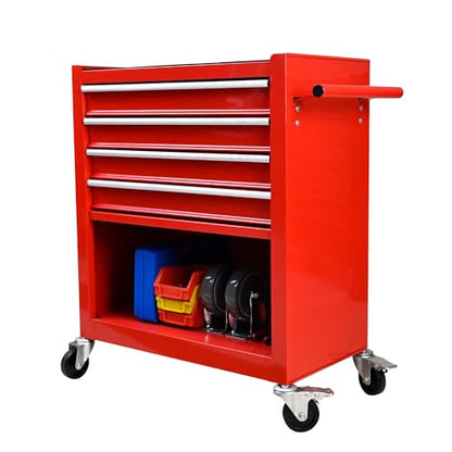 Red 4-Drawer Tool Cart w/Ball Bearing Drawers & Locking Casters - OSHA Industrial Rolling Cabinet, Powder-Coated Steel Garage Organizer w/Utility Tray - color: Red, size: 24.25 x 13 x 29.33