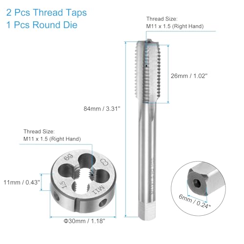 uxcell 3pcs Tap and Die Set, Metric M11 x 1.5 Thread Taps & Round Die, Tapping Threading Tool Tap & Die Kit for Nut Screw Bolt Thread Repair - size: M11 x 1.5