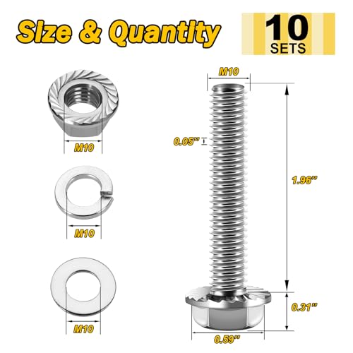 M10 x 50mm (10 Sets) M10x1.5 Bolt Flanged Hex Head Nuts and Bolts, M10 Bolt Flange Hexagon Screws with Nuts and Washers, 304 Stainless Steel 18-8 Metric Screw Assortment, DIN 6921, By Mywish - color: Silver-M10, size: 50mm