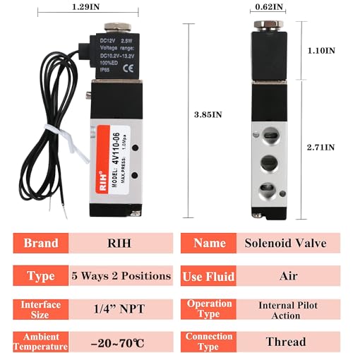 RIH Pneumatics Solenoid Valve 4V110-06 12V/24V/110V Series Single Coil Pilot-Operated Electric 2 Position 5 Way Connection Type (DC12V/Out of line, 1/8"NPT) - size: DC12V/Out of line, style: 1/8"NPT