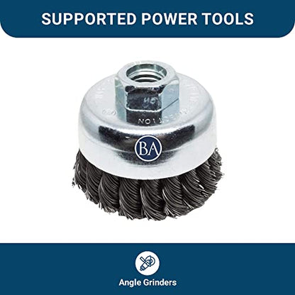 Benchmark Abrasives 3" Knot Wire Cup Brush for Aluminum, Concrete, Metal for Derusting Paint Removal Deburring for Angle Pneumatic Grinder 5/8"-11 Thread - (Stainless Steel) - size: 3" Knot Wire, style: Stainless