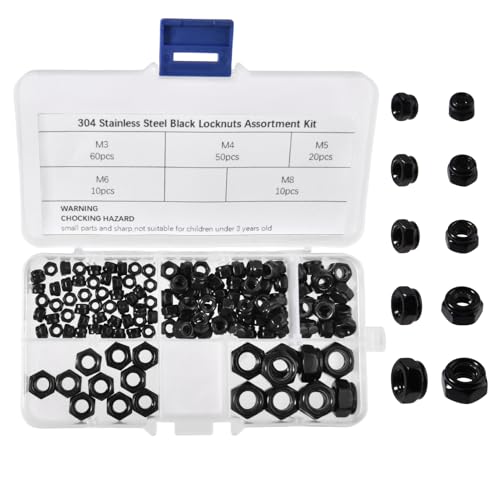 150Pcs Black Locknuts Assortment Kit, M3 M4 M5 M6 M8 Metric Nylon Insert Lock Nuts Set, 304 Stainless Steel Self-Lock Hex Nylock Nut, Tiny Nut for RC Cars 3D Printer Industrial and Home Use - size: M3-M8-Black