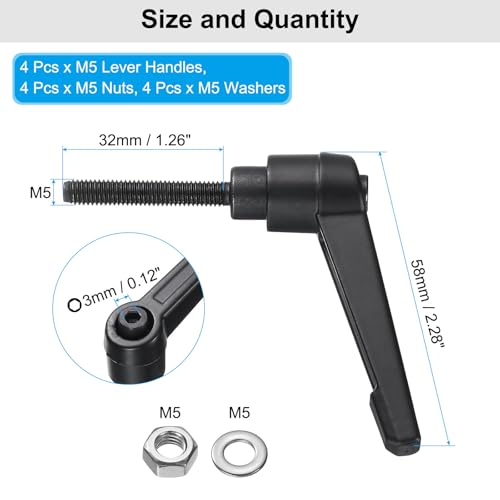 uxcell 4pcs Lever Adjustable Handles M5 x 32mm Metric Male Thread with Nuts Washers, Level Clamping Handle Set Hand Stud Knobs Rotating Screw Handles Bolts with Locking Lever, Black - size: M5 x 32mm