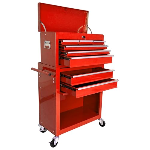 Red 8-Drawer Heavy Duty Tool Chest with Ball Bearing Drawers, Central Locking & 4 Wheels (2 Brakes) - Rolling Garage Storage Cabinet - color: Red, size: 24.2 x 13 x 42.8