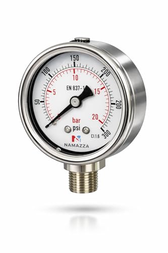 2.5" Glycerin-Filled Pressure Gauge, 0-300 PSI / 0-20 Bar, 1/4" NPT Lower Mount, 304 Stainless Steel Case/Wetted Parts, CL 1.6, Conforms to EN 837-1