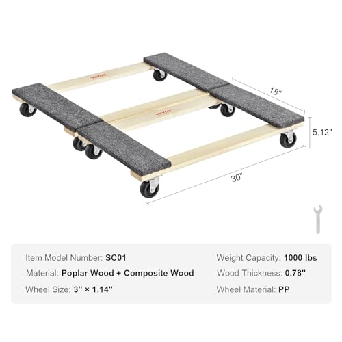 VEVOR Hardwood Furniture Moving Dolly, 30 in. x 18 in. 4 x 3 PP Swivel Casters, Heavy Duty Wooden Mover Dollies, Moving Cart with Wheels for Heavy Furniture, 1000 lbs. Capacity, Two Pack - size: 30 in. x 18 in