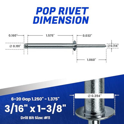 Fastenere Pop Rivets 3/16" x 1-3/8" (25 pcs) Aluminum Body Steel Mandrel - Heavy Duty, Open-End, Low Carbon, Dome Head Blind Rivets, Corrosion Resistant & High Shear Strength, 6-22 Gap 1.250" - 1.375" - size: 3/16" x 1-3/8" (6-22) (25 Pack)
