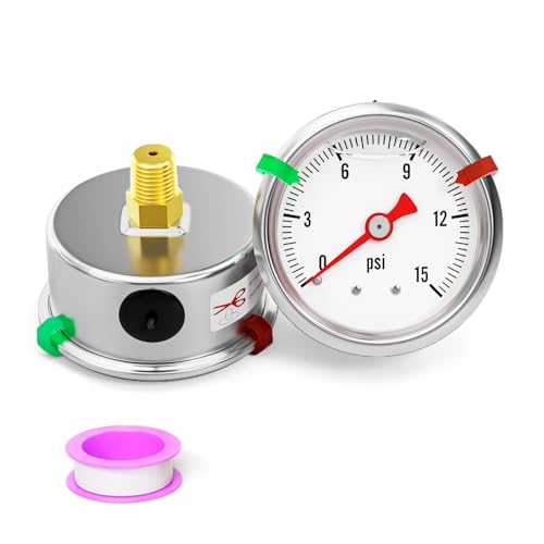 0-15psi Stainless Steel Glycerin Liquid Filled Pressure Gauge 1/8" NPT 1.5" Face Dial, Center Back Mount, for Water, Oil and Air Pressure Testing (with Range Mark Pointer) - size: 0-15Psi