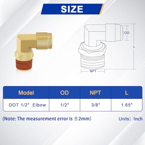 2 PCS DOT Quick Connect Air Fittings 1/2" Tube OD x 3/8" NPT Elbow - size: 1/2" Tube OD x 3/8" NPT - 2 PCS