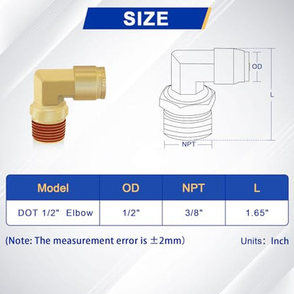 2 PCS DOT Quick Connect Air Fittings 1/2" Tube OD x 3/8" NPT Elbow - size: 1/2" Tube OD x 3/8" NPT - 2 PCS
