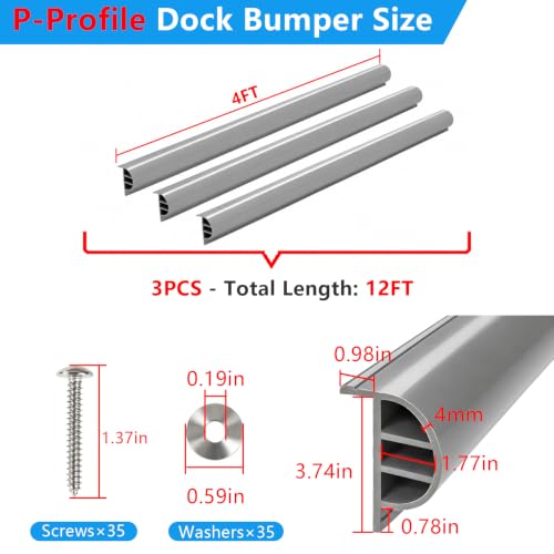 Dock Bumpers 4FT/12FT/16FT/24FT, Boat Dock Bumpers for Edging with Stainless Steel Screws and Washers, Dock Fenders Boat Dock Guards P-Profile Heavy Wall for Edge Protection 1/3/4/6 Pack Multi Color - color: Gray, size: 12FT