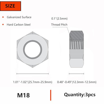M18 3pcs Hex Nuts,M18 Galvanized Metric Hardware Nuts Sets - size: M18(3pcs)