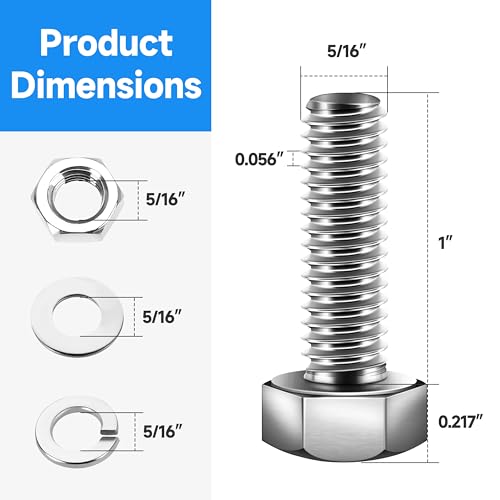 (12 Sets) 5/16-18 x 1", 5/16 Bolt Hex Head Screws Nuts and Bolts Kit with 5/16 Stainless Steel, Nuts Bolts Washers Assortment, Fully Threaded by Marysino - color: (Silver)-5/16, size: 1"