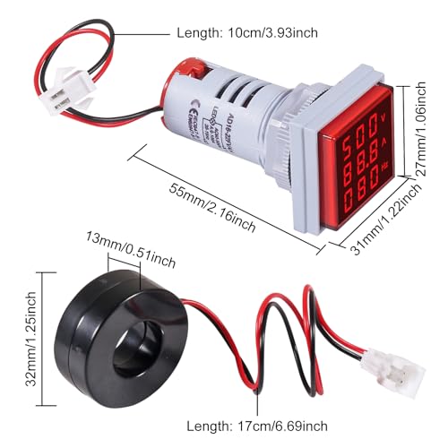 3PCS Square LED Digital Voltmeter Ammeter Hertz Meter AC20-500V Signal Lights Voltage Current Frequency Combo Meter Indicator Tester with CT（White+Blue+Red） - color: White+Blue+Red