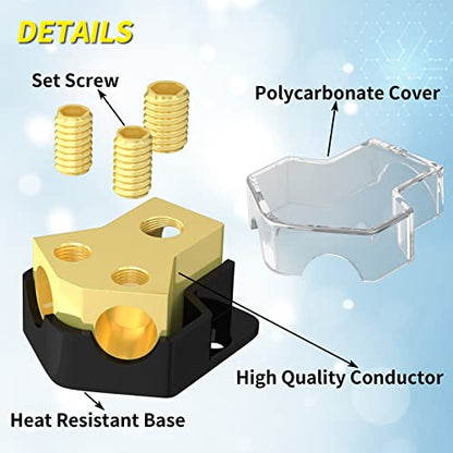 Joinfworld 12V Power Distribution Block Car Audio 2 Way Ground Distribution Block 0/2/4 Gauge in 4/8/10 Gauge Out 12 Volt Amp Distribution Block Splitter for Marine Automotive Car Boat
