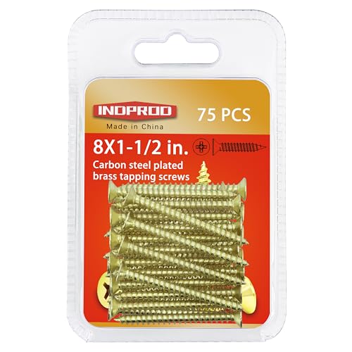 #8 x 1-1/2" Wood Screw, Phillips Flat Head Self Tapping Screws, Brass Plated Carbon Steel, Brass Plated Screws for Wood, Wood Screws #8 X 1 1/2 Inch, 75Pcs - size: #8 × 1-1/2"