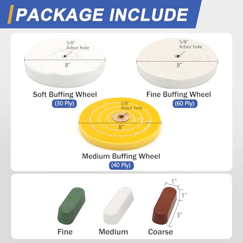 SCOTTCHEN 8inch Buffing Polishing Wheels 5/8" Arbor Hole,Soft/Fine/Medium for Bench Grinder-3PCS,with Buffing Polishing Cutting Compounds 7.4 Oz.Kit - color: Multi 6pcs, size: 8 inch