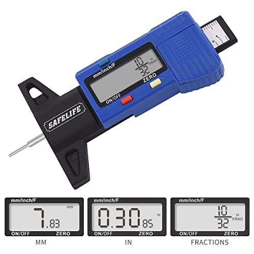SAFELIFE Digital Tire Tread Depth Gauge, 3 Modes-Fractional Inch, Decimal Inch and Millimeter, Zeroable Tire Tread Depth Gauge for Motorcycles,Cars,Trucks,Vans,SUV Accurate Tyre Tread Depth Gauge - color: blue