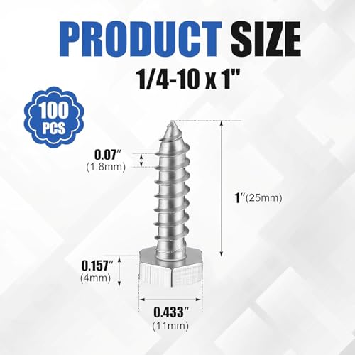 Zonon 100 Pcs 1/4" X 1" 304 Stainless Steel Lag Screw for Wood, Silver - color: Silver, size: 1/4" X 1"