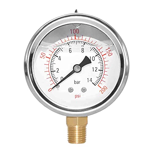 2-1/2" Dial 1/4" NPT 0~200Psi 304 Stainless Steel Glycerin Filled Pressure Gauge Bottom Mount - size: 0-200Psi (liquid filled), style: Lower Mount-1/4"NPT