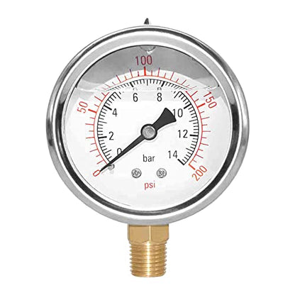 2-1/2" Dial 1/4" NPT 0~200Psi 304 Stainless Steel Glycerin Filled Pressure Gauge Bottom Mount - size: 0-200Psi (liquid filled), style: Lower Mount-1/4"NPT