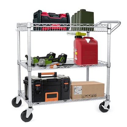 WDT Heavy Duty 3 Tier Utility Cart,Wire Rolling Carts with Wheels, Commercial Grade Service Cart with Shelving Liners and Handle Bar Metal Carts for Kitchen Office Hardware - color: 750lbs Capacity Silver
