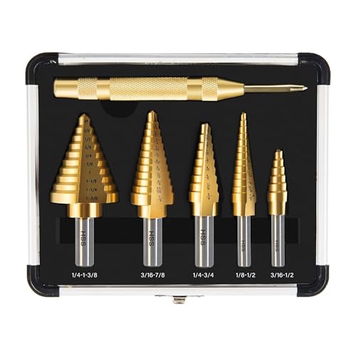 Step Drill Bit Set, 6 Pcs Titanium High Speed Steel Step Drill Bits with Extra Automotive Center Punch for Metal, Wood & Plastic, with Aluminum Case, 50 Sizes - style: 6PC