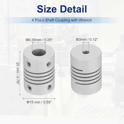 Flexible Shaft Coupling(3mm|6.35mm): 4 Pcs Silver Aluminum Alloy - color: Silver, size: 3mm x 6.35mm (15mm OD, 25mm L)