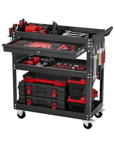 VEVOR 4-Tier Tool Cart with Wheels, 350 lbs Load Capacity, Rolling Work Cart with Drawer & Pegboard, Mechanic Tool Storage Organizer with Locking System for Garage, Warehouse and Repair Shop, Black