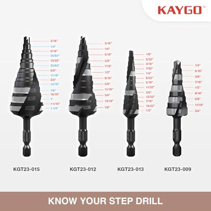 KAYGO M35 Cobalt Step Drill Bit, 1/4" Hex Shank for Metal & Stainless - size: 1/8"- 7/8"(3 pcs)