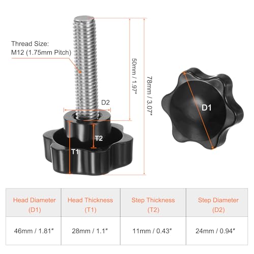 HARFINGTON 4pcs Star Knobs M12 x 50mm 304 Stainless Steel Threaded Stud 46mm Plastic 6-Star Head Hand Tightening Thumb Screw Clamping Jig Knob Handle, Black - size: M12 x 50mm x 46mm