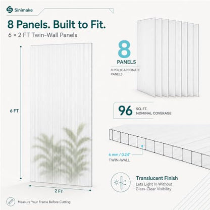 Sinimaka 8 Pack Polycarbonate Greenhouse Panels, 6 x 2 ft, 0.24 in Twin-Wall Sheets, UV-Coated Translucent Roof Replacement for Greenhouses and Cold Frames - style: 6' x 2' x 0.24" 8Pack
