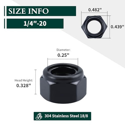 EASTLO 1/4"-20 Lock Nuts Black, Nylon Insert Locknuts 304 Stainless Steel A2-70 Grade, Self Clinching Nuts, Coarse Thread, 100 PCS - size: 1/4"-20