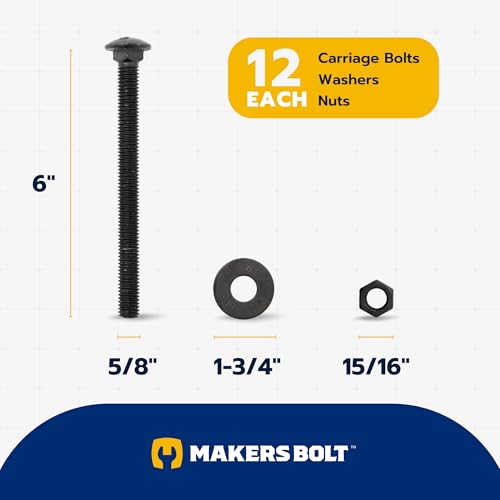 5/8 in. x 6 in. Black Carriage Bolt Kit Includes 12 Bolts, 12 Washers, and 12 Nuts, Ceramic Black Ruspert Coated for Exterior Use - 2X Rust Resistance of Galvanized by Makers Bolt - size: 5/8 x 6