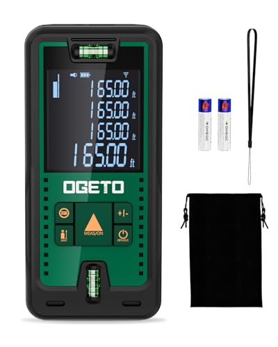 Laser Measure, Ogeto 165 Feet Digital Laser Distance Meter with 2 Bubble Levels,M/in/Ft Unit Switching Backlit LCD and Pythagorean Mode, Measure Distance, Area and Volume