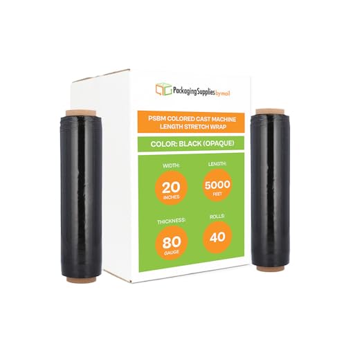 PSBM 40 Rolls 20 Inch x 5000 Feet 80 Gauge Black Machine Stretch Film/Wrap, Heavy Duty Industrial Strength Shrink Plastic Wrap for Moving, Packing, Shipping, Pallet Wrapping & Storage - color: Black, size: 40 Rolls